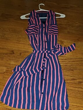 Sleeveless Navy and Pink Striped Button-Down Dress with Waist Tie